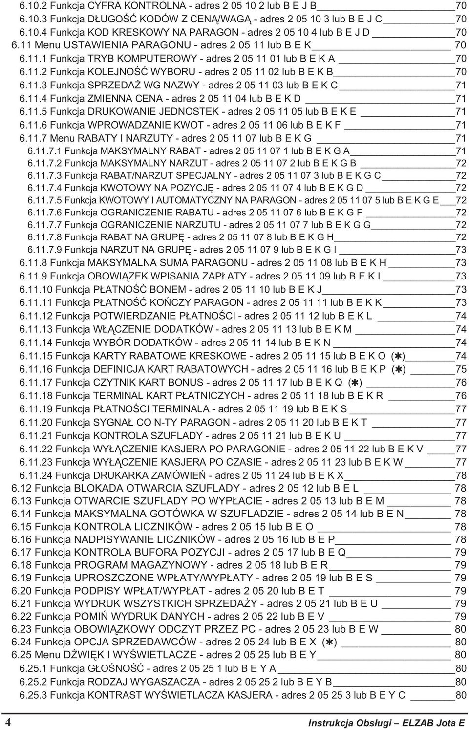 11.4 Funkcja ZMIENNA CENA - adres 2 05 11 04 lub B E K D 71 6.11.5 Funkcja DRUKOWANIE JEDNOSTEK - adres 2 05 11 05 lub B E K E 71 6.11.6 Funkcja WPROWADZANIE KWOT - adres 2 05 11 06 lub B E K F 71 6.