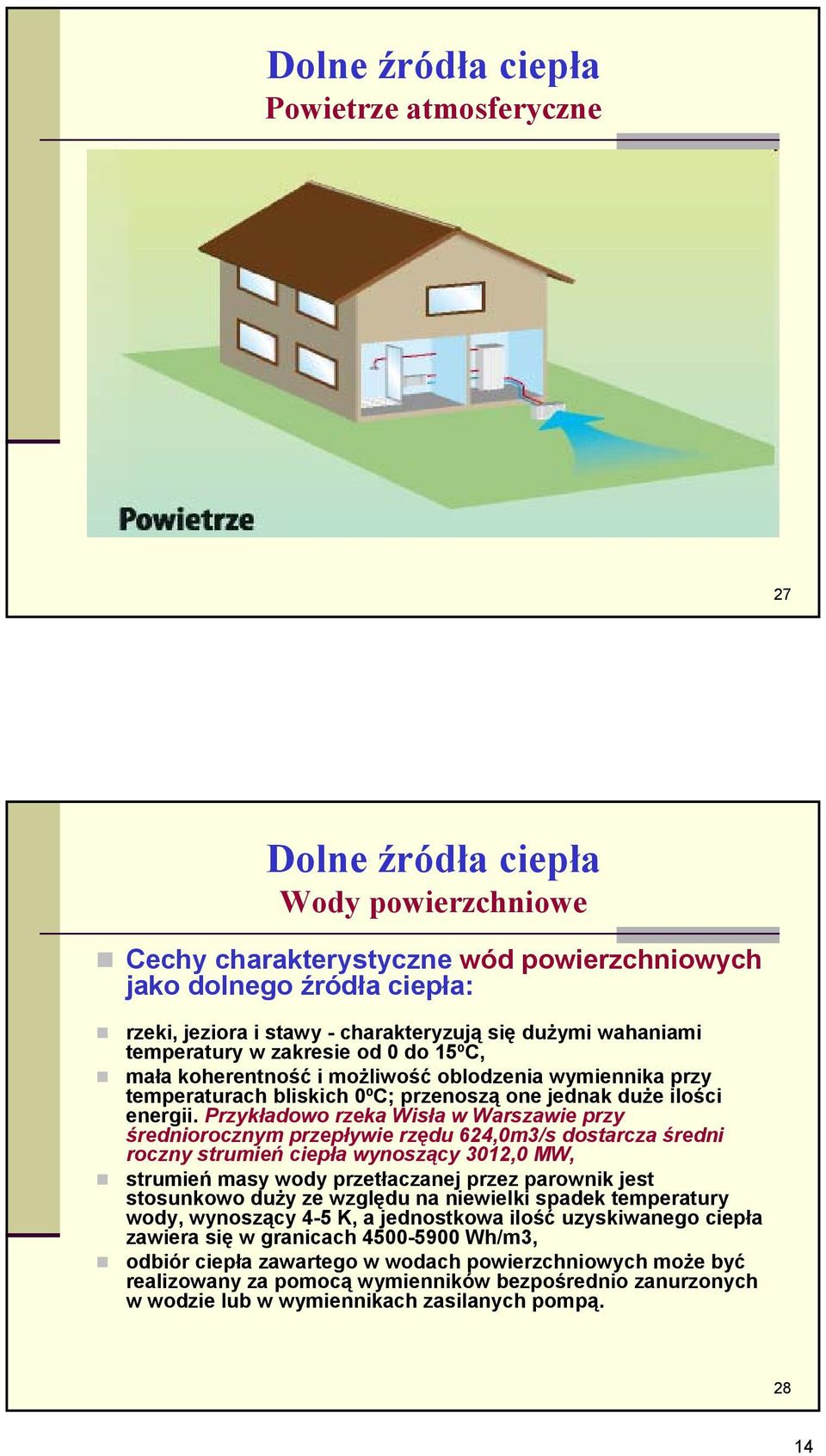 Przykładowo rzeka Wisła w Warszawie przy średniorocznym przepływie rzędu 624,0m3/s dostarcza średni roczny strumień ciepła wynoszący 3012,0 MW, strumień masy wody przetłaczanej przez parownik jest