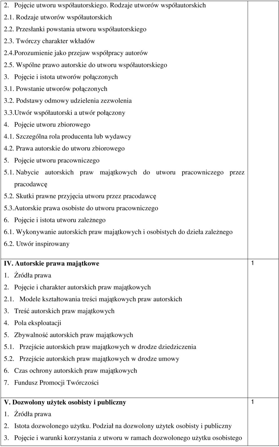 3.Utwór współautorski a utwór połączony 4. Pojęcie utworu zbiorowego 4.. Szczególna rola producenta lub wydawcy 4.2. Prawa autorskie do utworu zbiorowego 5. Pojęcie utworu pracowniczego 5.