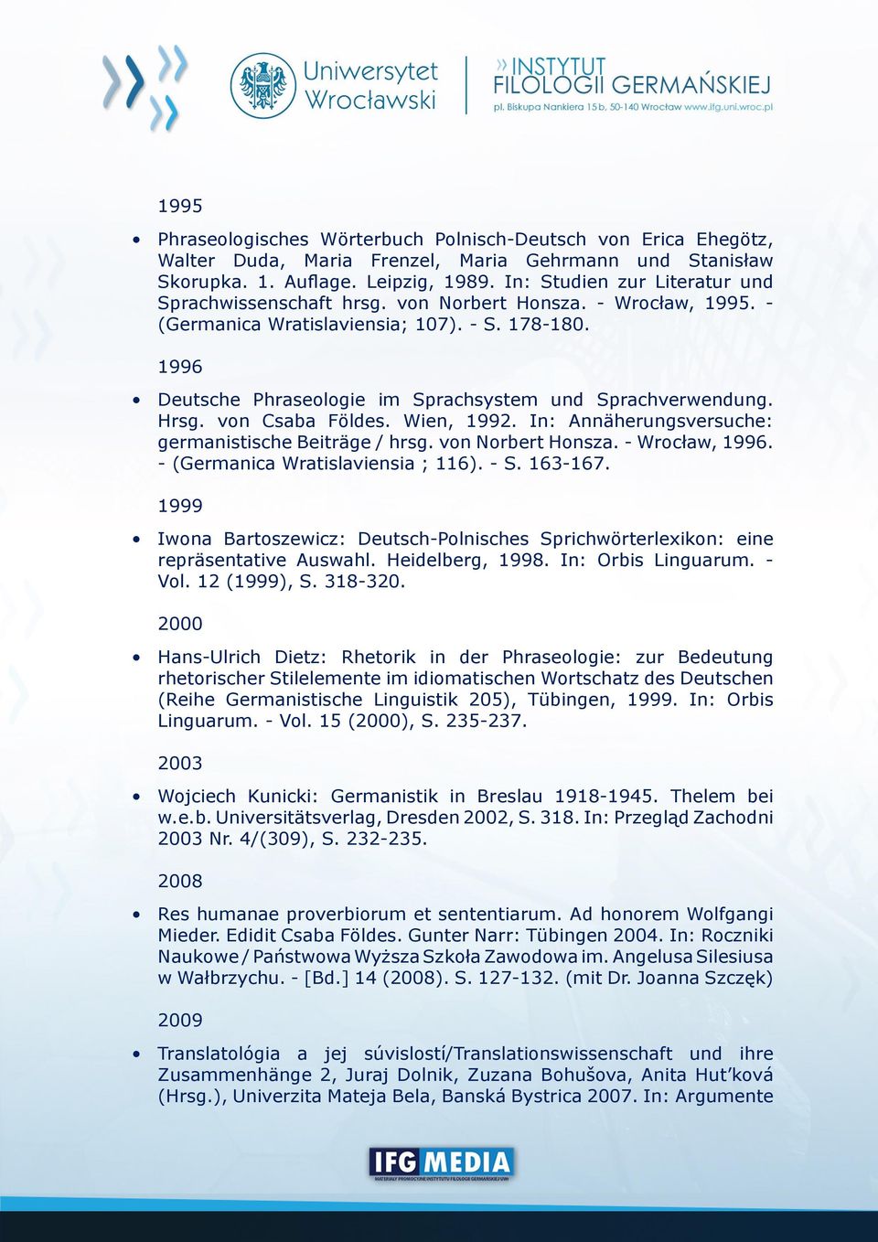 1996 Deutsche Phraseologie im Sprachsystem und Sprachverwendung. Hrsg. von Csaba Földes. Wien, 1992. In: Annäherungsversuche: germanistische Beiträge / hrsg. von Norbert Honsza. - Wrocław, 1996.