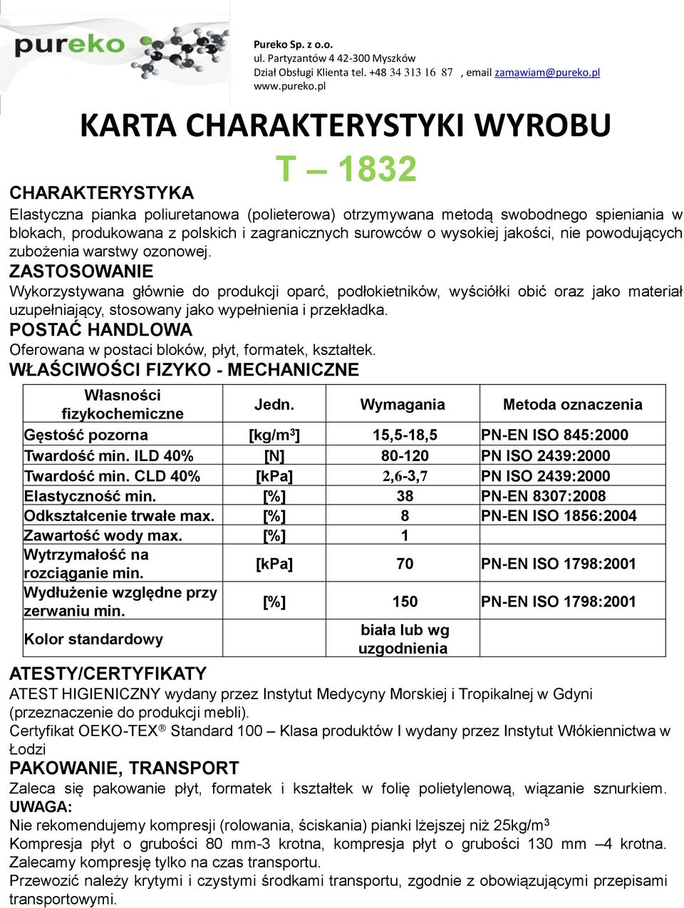 Gęstość pozorna [kg/m 3 ] 15,5-18,5 PN-EN ISO 845:2000 Twardość min.