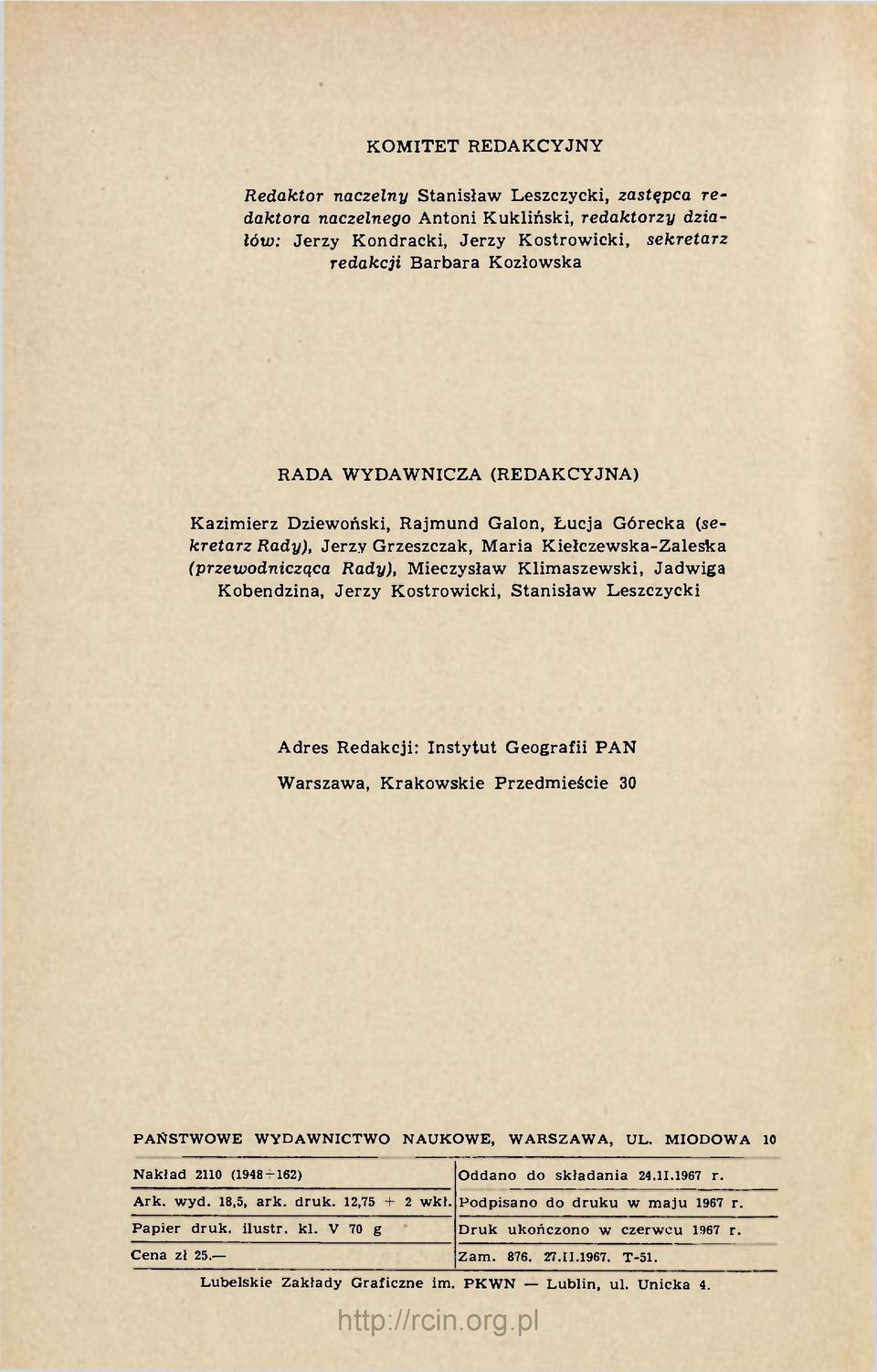 Kobendzina, Jerzy Kostrowicki, Stanisław Leszczycki Adres Redakcji: Instytut Geografii PAN Warszawa, Krakowskie Przedmieście 30 PAŃSTWOWE WYDAWNICTWO NAUKOWE, WARSZAWA, UL.