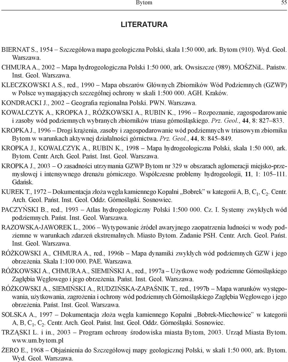 , 1990 Mapa obszarów Głównych Zbiorników Wód Podziemnych (GZWP) w Polsce wymagających szczególnej ochrony w skali 1:500 000. AGH. Kraków. KONDRACKI J., 2002 Geografia regionalna Polski. PWN. Warszawa.