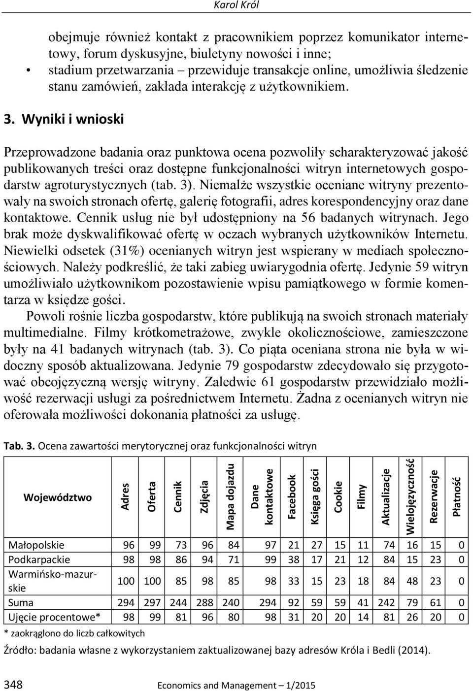 Wyniki i wnioski Przeprowadzone badania oraz punktowa ocena pozwoliły scharakteryzować jakość publikowanych treści oraz dostępne funkcjonalności witryn internetowych gospodarstw agroturystycznych