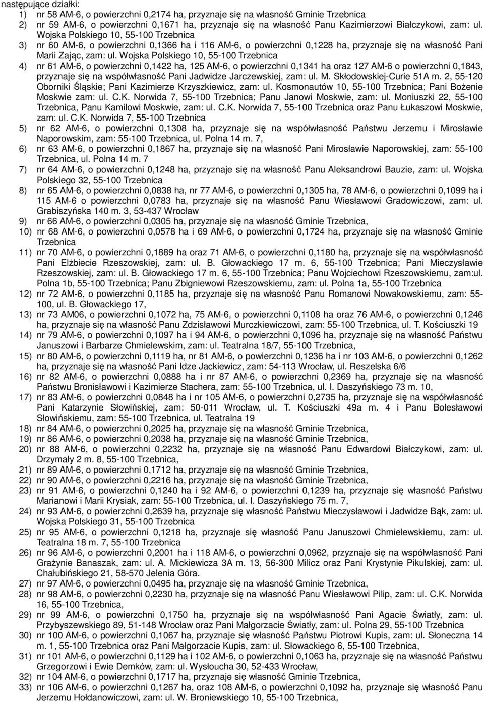 Wojska Polskiego 10, 55-100 Trzebnica 4) nr 61 AM-6, o powierzchni 0,1422 ha, 125 AM-6, o powierzchni 0,1341 ha oraz 127 AM-6 o powierzchni 0,1843, przyznaje się na współwłasność Pani Jadwidze