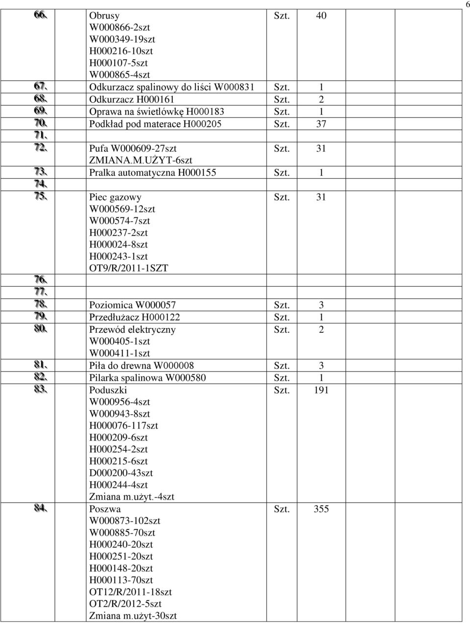 . Piec gazowy W000569-12szt W000574-7szt H000237-2szt H000024-8szt H000243-1szt OT9/R/2011-1SZT Szt. 31 7766.. 7777.. 7788.. Poziomica W000057 Szt. 3 7799.. Przedłużacz H000122 Szt. 1 8800.