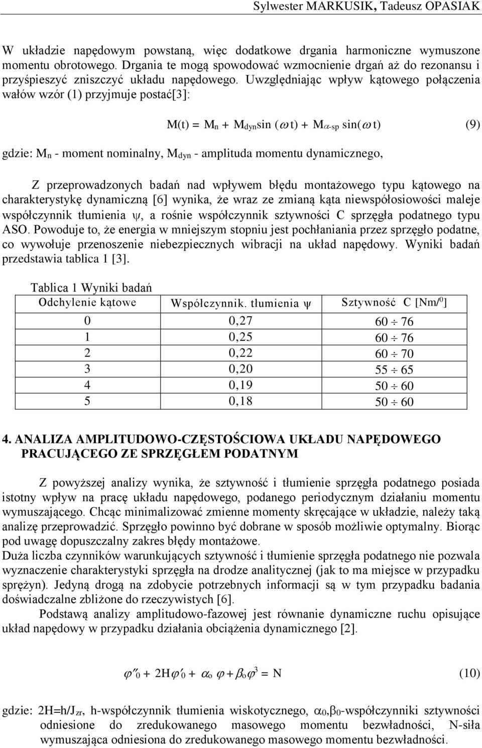 Uwzględniając wpływ kątowego połączenia wałów wzór (1) przyjmuje postać[3]: M(t) = Mn + Mdynsin ( t) + M -sp sin( t) (9) gdzie: Mn - moment nominalny, Mdyn - amplituda momentu dynamicznego, Z