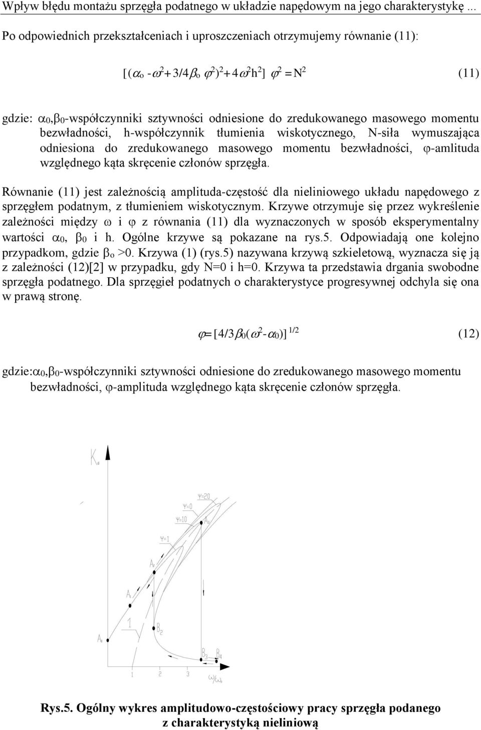 momentu bezwładności, h-współczynnik tłumienia wiskotycznego, N-siła wymuszająca odniesiona do zredukowanego masowego momentu bezwładności, -amlituda względnego kąta skręcenie członów sprzęgła.