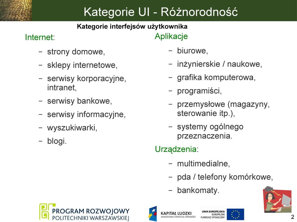 komputerowa, programiści, przemysłowe (magazyny, sterowanie itp.), systemy ogólnego przeznaczenia.