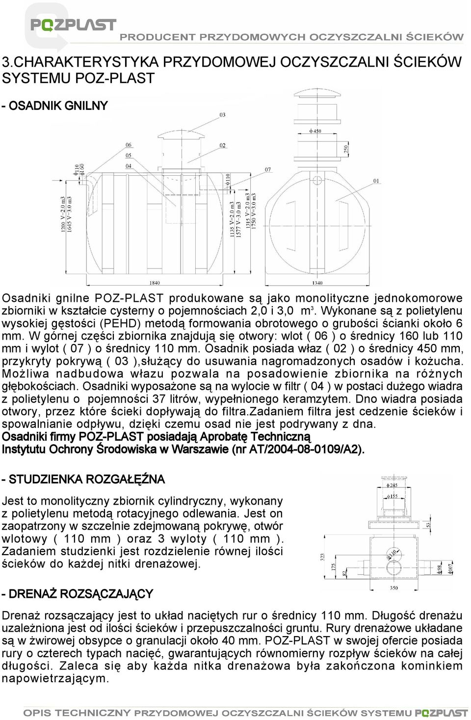 W górnej części zbiornika znajdują się otwory: wlot ( 06 ) o średnicy 160 lub 110 mm i wylot ( 07 ) o średnicy 110 mm.