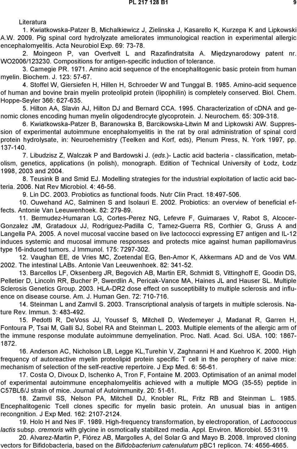 Międzynarodowy patent nr. WO2006/123230. Compositions for antigen-specific induction of tolerance. 3. Carnegie PR. 1971. Amino acid sequence of the encephalitogenic basic protein from human myelin.