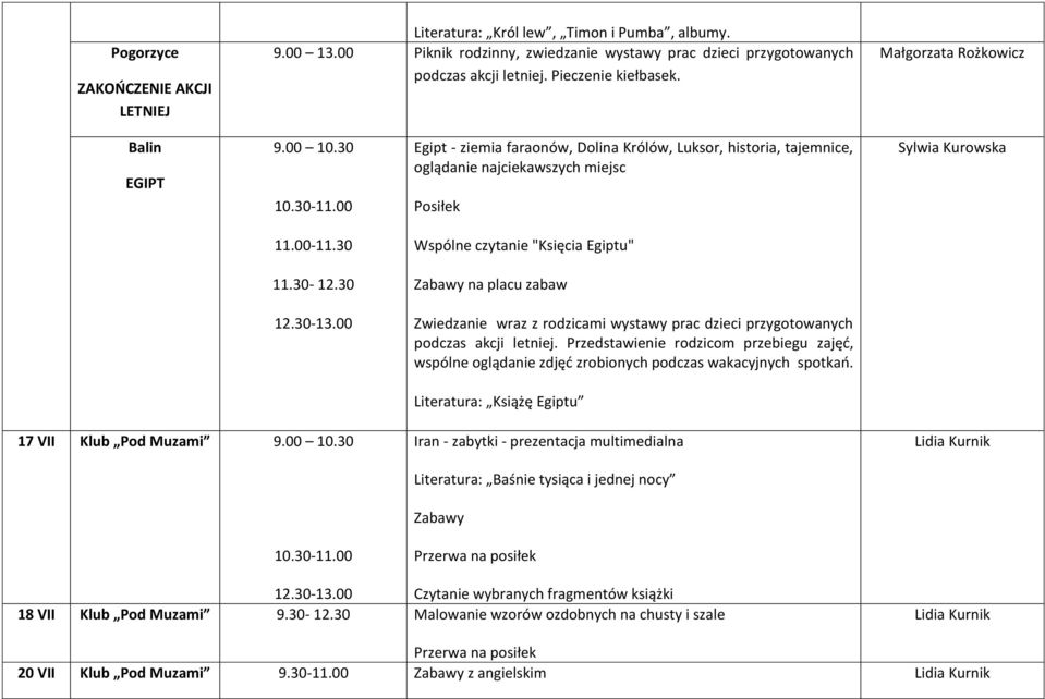 30 Zabawy na placu zabaw 12.30-13.00 Zwiedzanie wraz z rodzicami wystawy prac dzieci przygotowanych podczas akcji letniej.