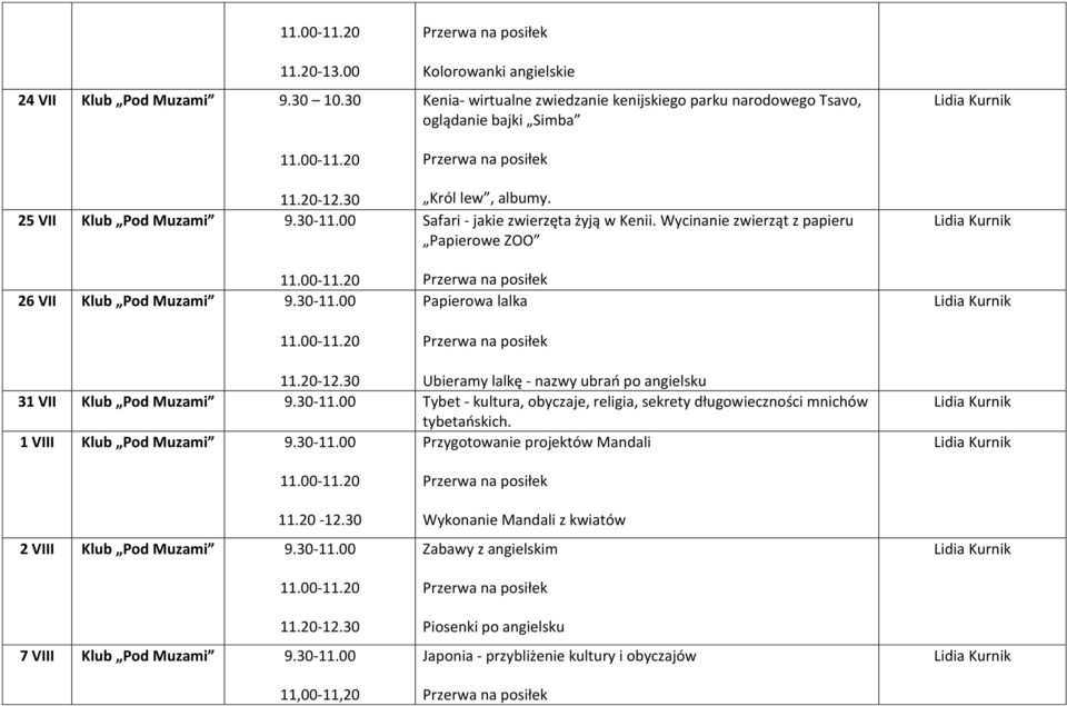 Safari - jakie zwierzęta żyją w Kenii. Wycinanie zwierząt z papieru Papierowe ZOO Papierowa lalka 11.20-12.30 Ubieramy lalkę - nazwy ubrań po angielsku 31 VII Klub Pod Muzami 9.30-11.