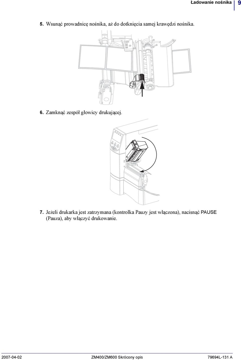 Zamknąć zespół głowicy drukującej. 7.