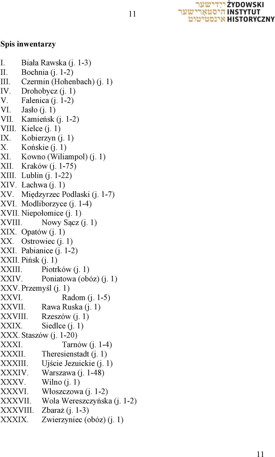 Niepołomice (j. 1) XVIII. Nowy Sącz (j. 1) XIX. Opatów (j. 1) XX. Ostrowiec (j. 1) XXI. Pabianice (j. 1-2) XXII. Pińsk (j. 1) XXIII. Piotrków (j. 1) XXIV. Poniatowa (obóz) (j. 1) XXV. Przemyśl (j.