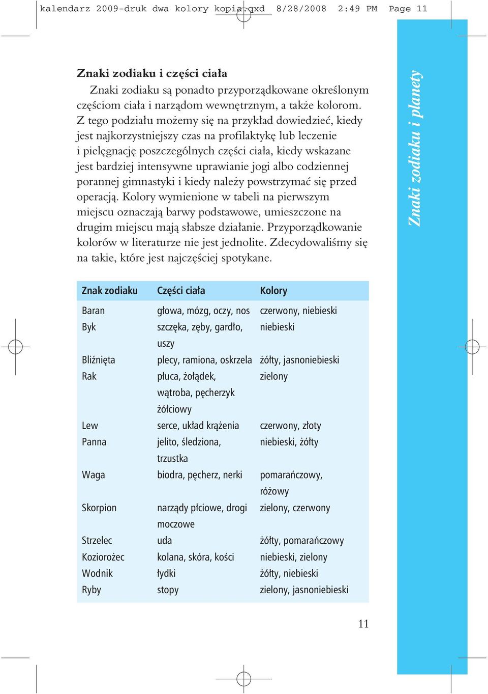 Z tego podzia³u mo emy siê na przyk³ad dowiedzieæ, kiedy jest najkorzystniejszy czas na profilaktykê lub leczenie i pielêgnacjê poszczególnych czêœci cia³a, kiedy wskazane jest bardziej intensywne