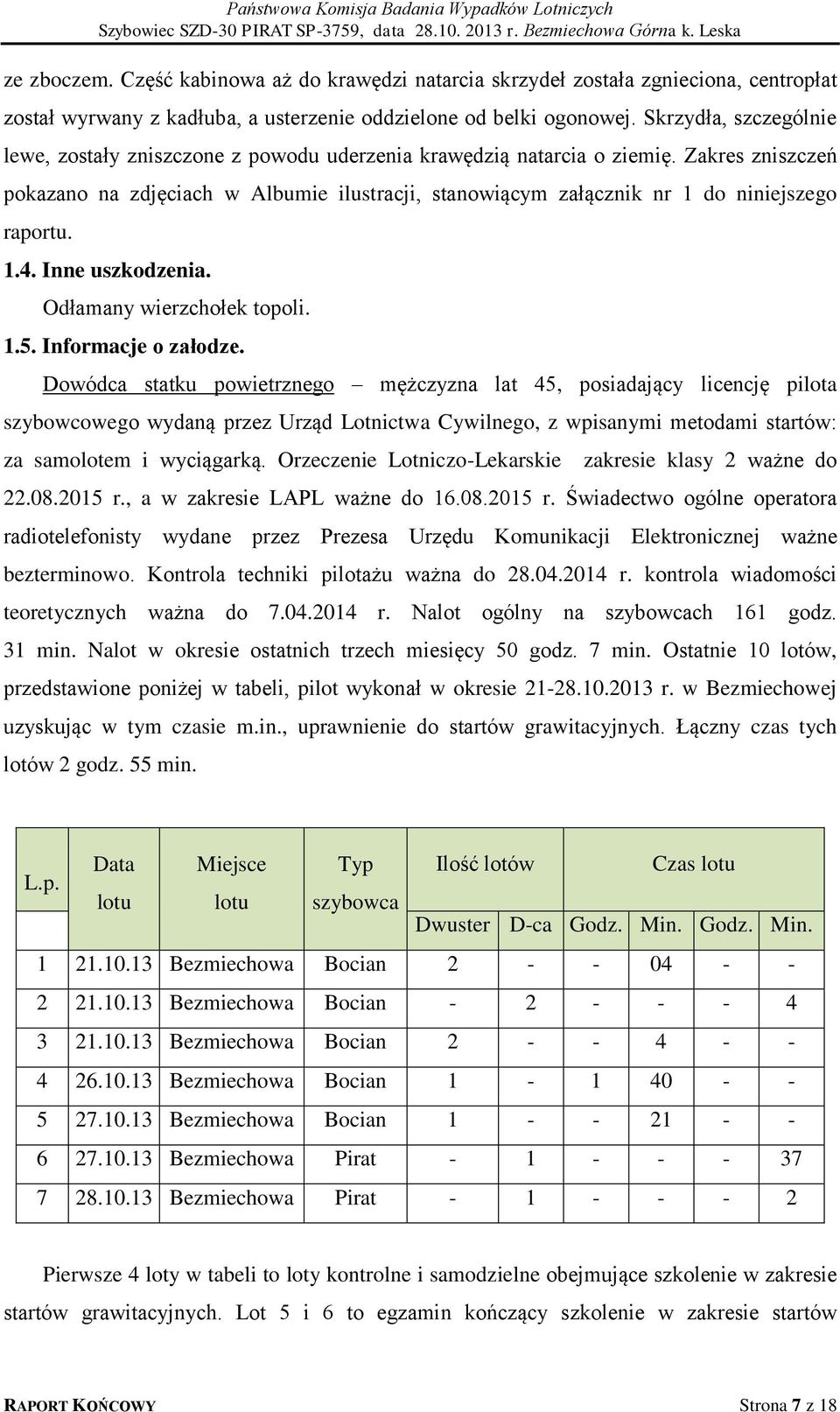 Zakres zniszczeń pokazano na zdjęciach w Albumie ilustracji, stanowiącym załącznik nr 1 do niniejszego raportu. 1.4. Inne uszkodzenia. Odłamany wierzchołek topoli. 1.5. Informacje o załodze.