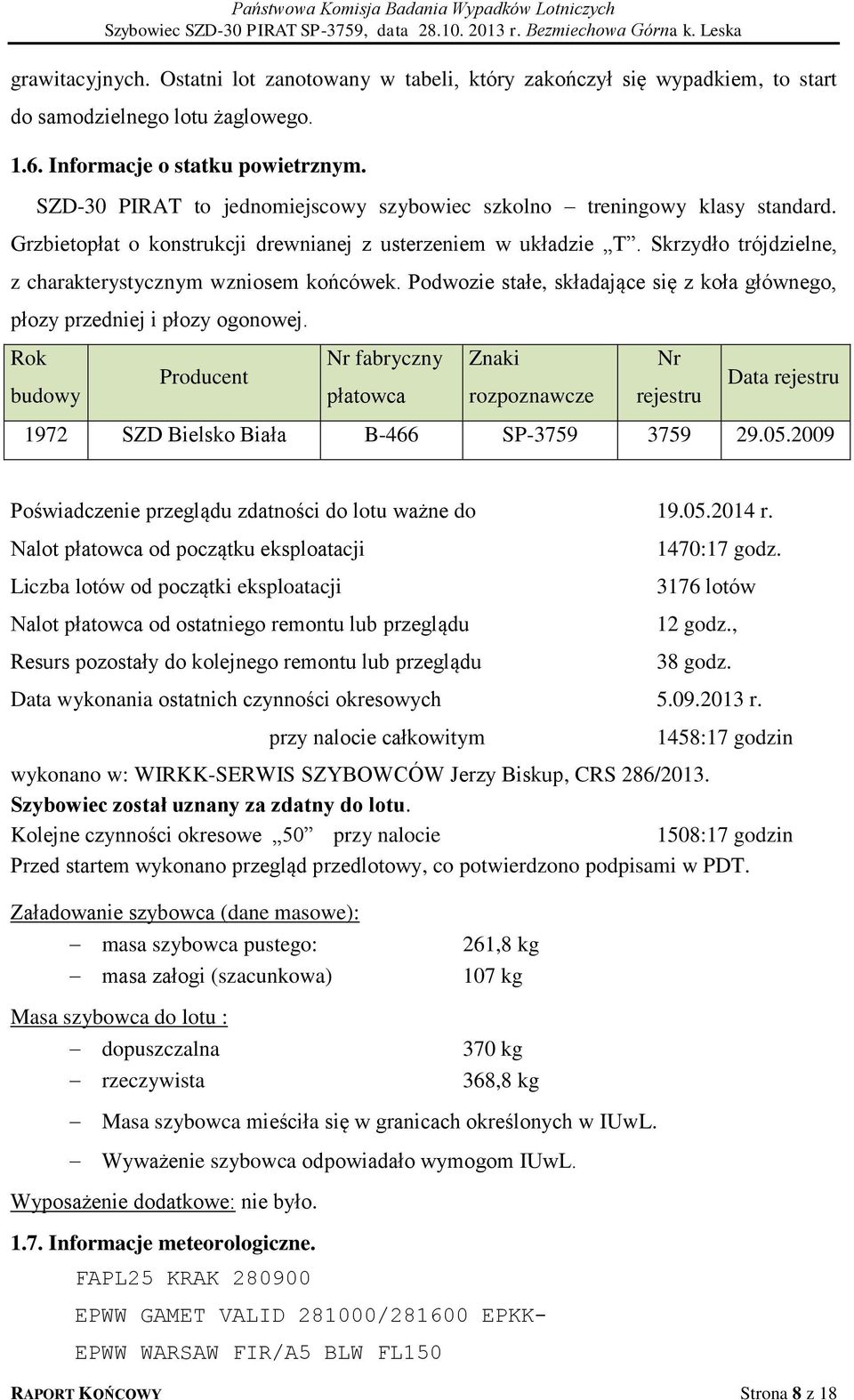 Skrzydło trójdzielne, z charakterystycznym wzniosem końcówek. Podwozie stałe, składające się z koła głównego, płozy przedniej i płozy ogonowej.