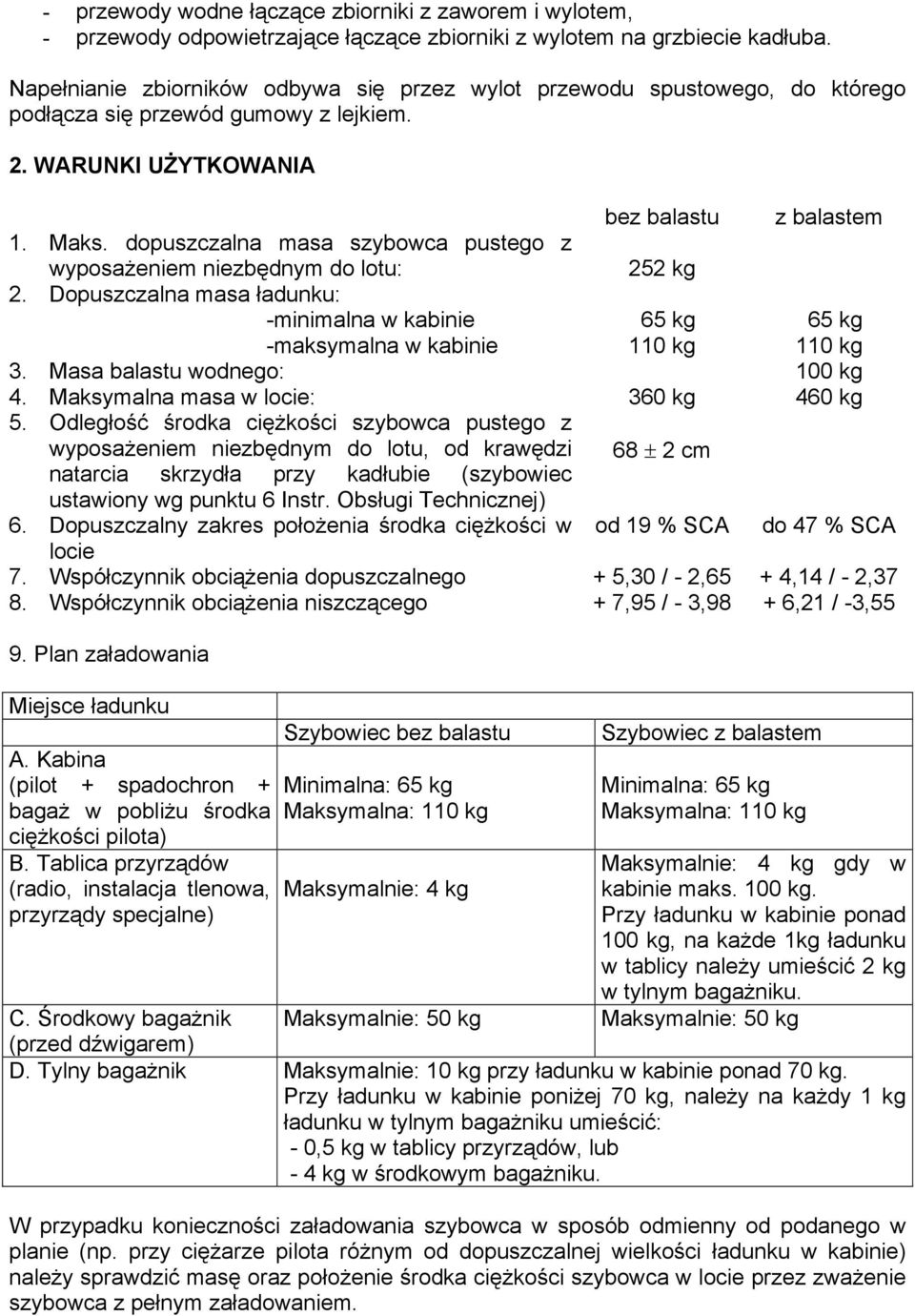 dopuszczalna masa szybowca pustego z wyposażeniem niezbędnym do lotu: 252 kg 2. Dopuszczalna masa ładunku: -minimalna w kabinie -maksymalna w kabinie 65 kg 110 kg 65 kg 110 kg 3.