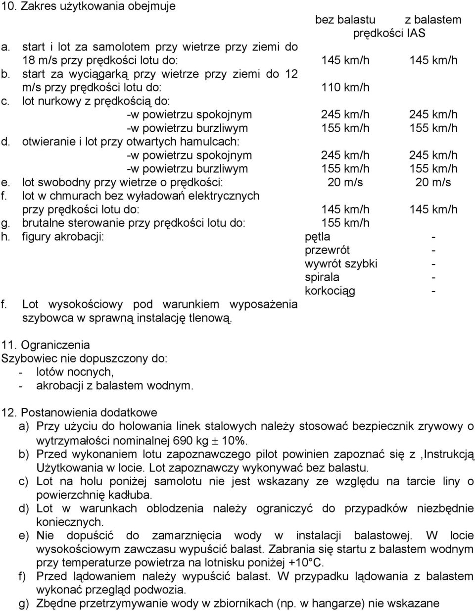 lot nurkowy z prędkością do: -w powietrzu spokojnym -w powietrzu burzliwym 245 km/h 155 km/h 245 km/h 155 km/h d.