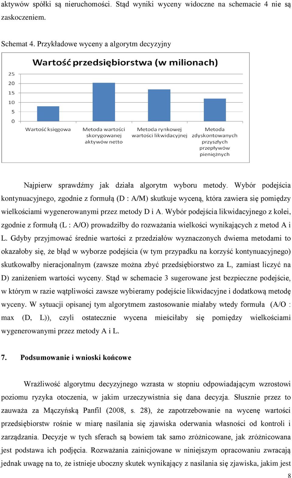 Wybór podejścia kontynuacyjnego, zgodnie z formułą (D : A/M) skutkuje wyceną, która zawiera się pomiędzy wielkościami wygenerowanymi przez metody D i A.