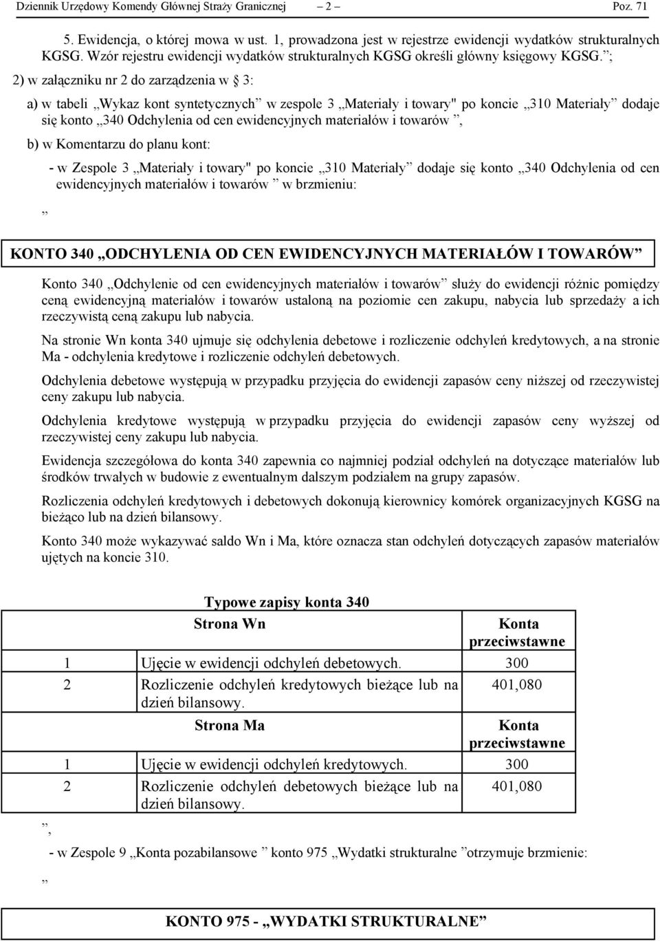 ; 2) w załączniku nr 2 do zarządzenia w 3: a) w tabeli Wykaz kont syntetycznych w zespole 3 Materiały i towary" po koncie 310 Materiały dodaje się konto 340 Odchylenia od cen ewidencyjnych materiałów