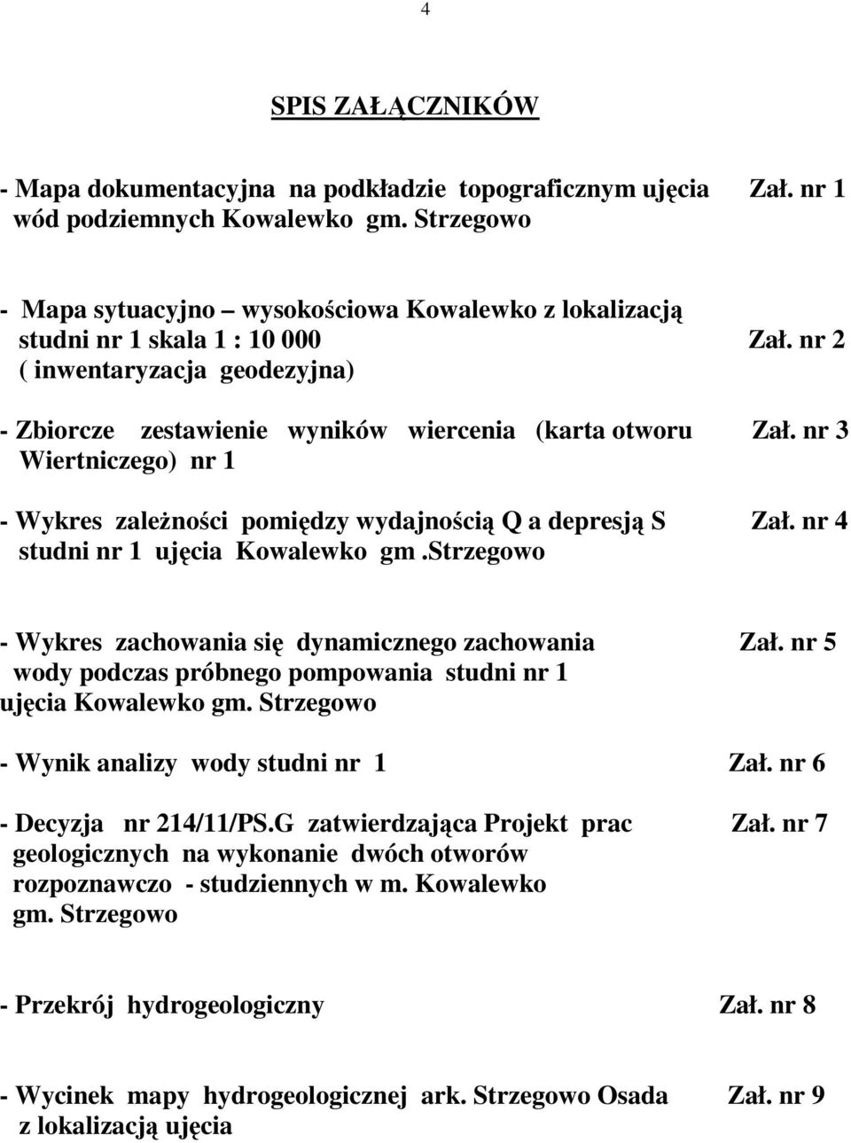 nr 3 Wiertniczego) nr 1 - Wykres zaleŝności pomiędzy wydajnością Q a depresją S Zał. nr 4 studni nr 1 ujęcia Kowalewko gm.strzegowo - Wykres zachowania się dynamicznego zachowania Zał.