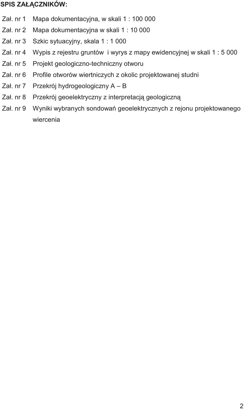 nr 5 Projekt geologiczno-techniczny otworu Zał. nr 6 Profile otworów wiertniczych z okolic projektowanej studni Zał.