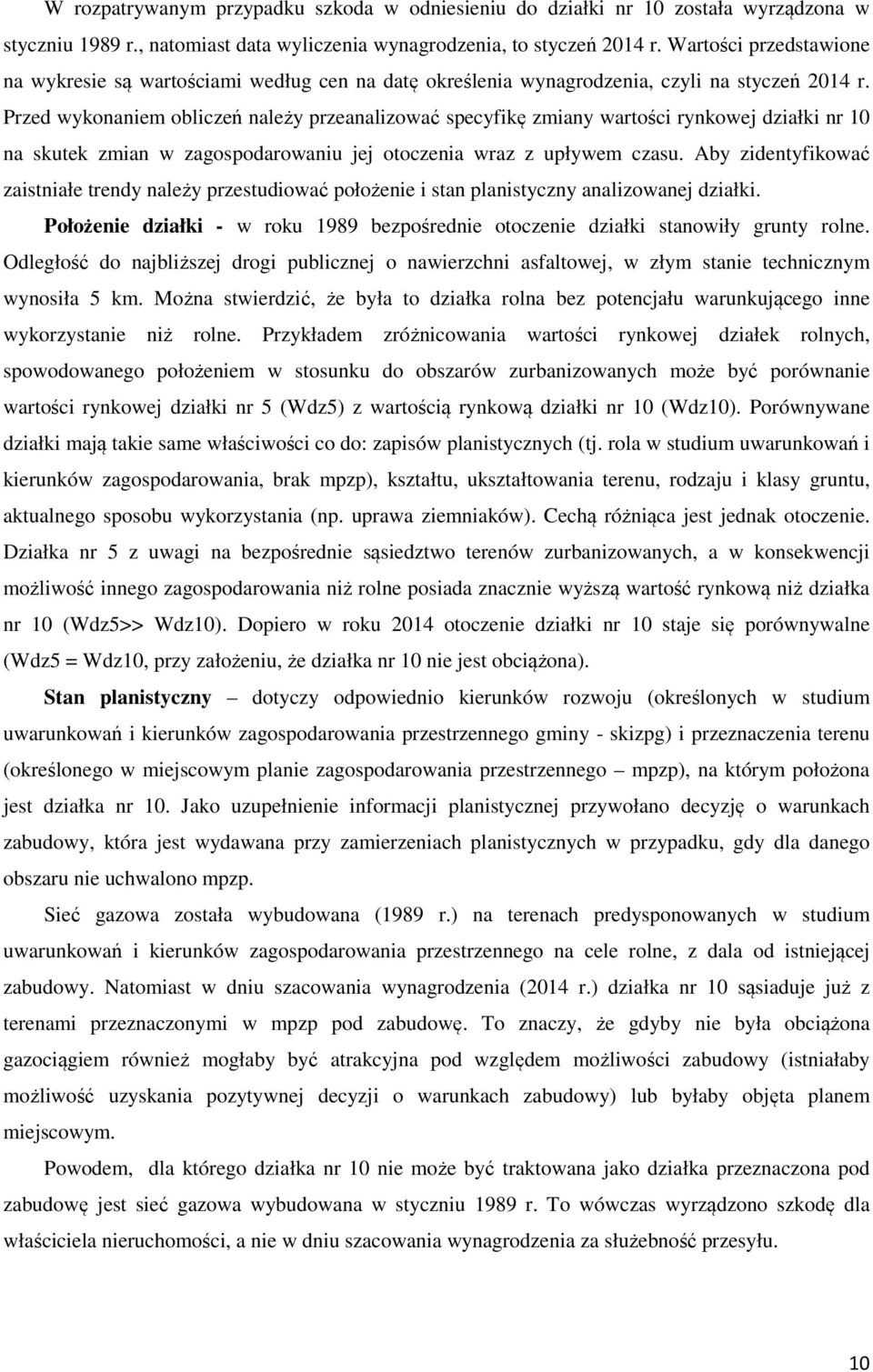 Przed wykonaniem obliczeń należy przeanalizować specyfikę zmiany wartości rynkowej działki nr 10 na skutek zmian w zagospodarowaniu jej otoczenia wraz z upływem czasu.