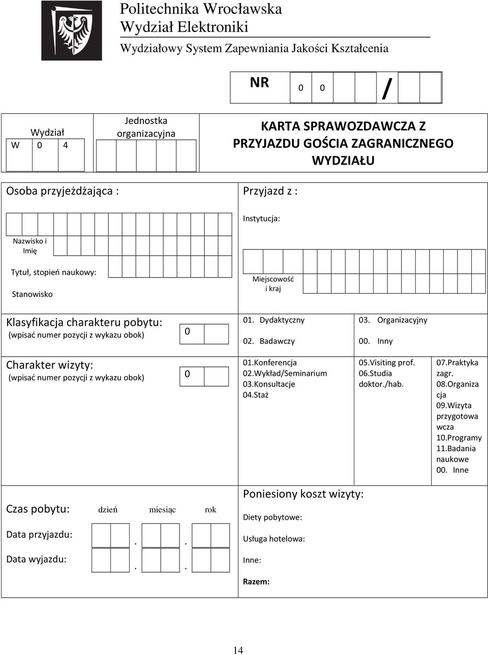 Inny Charakter wizyty: (wpisać numer pozycji z wykazu obok) 0 01.Konferencja 02.Wykład/Seminarium 03.Konsultacje 04.Staż 05.Visiting prof. 06.Studia doktor./hab. 07.Praktyka zagr. 08.