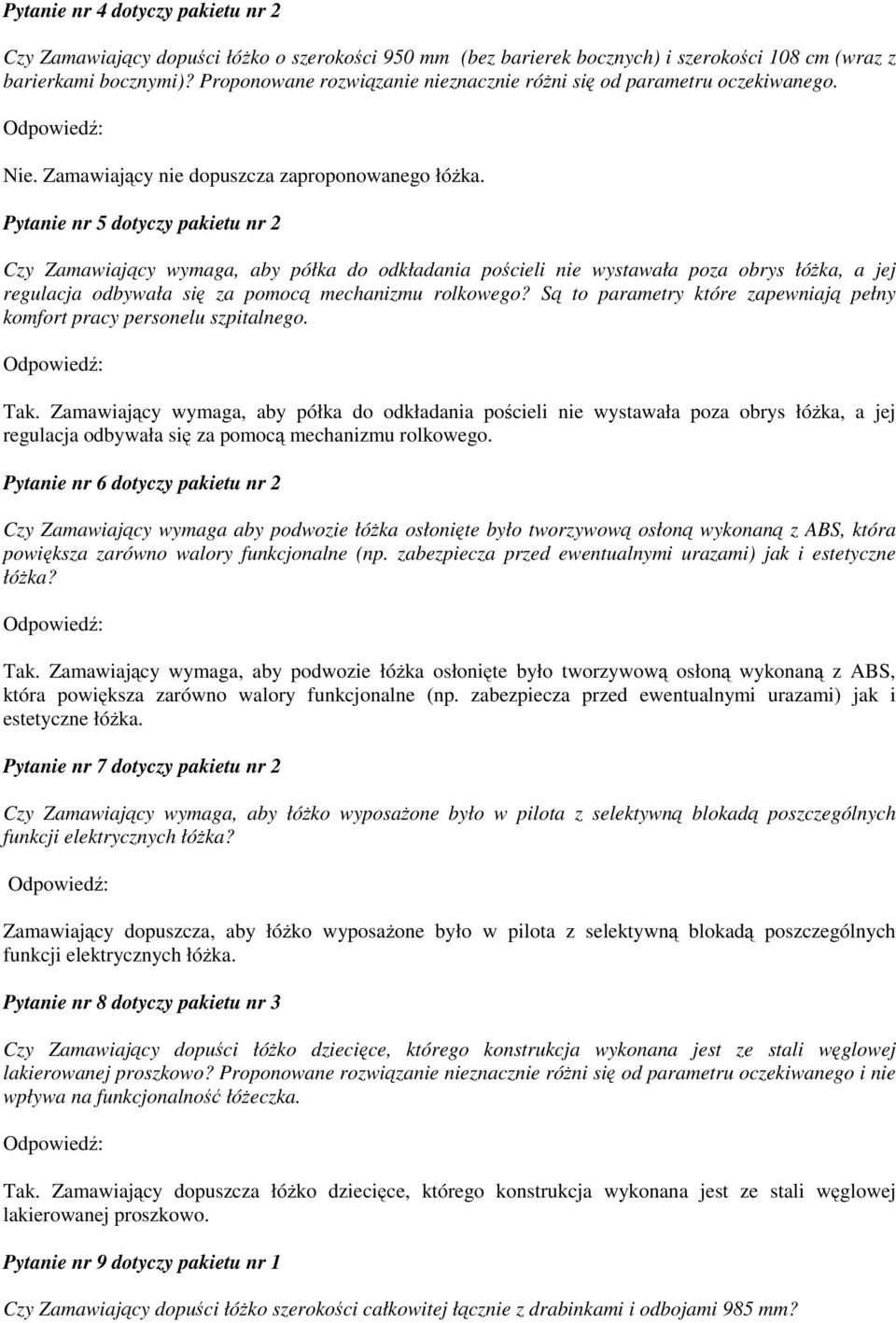 Pytanie nr 5 dotyczy pakietu nr 2 Czy Zamawiający wymaga, aby półka do odkładania pościeli nie wystawała poza obrys łóŝka, a jej regulacja odbywała się za pomocą mechanizmu rolkowego?