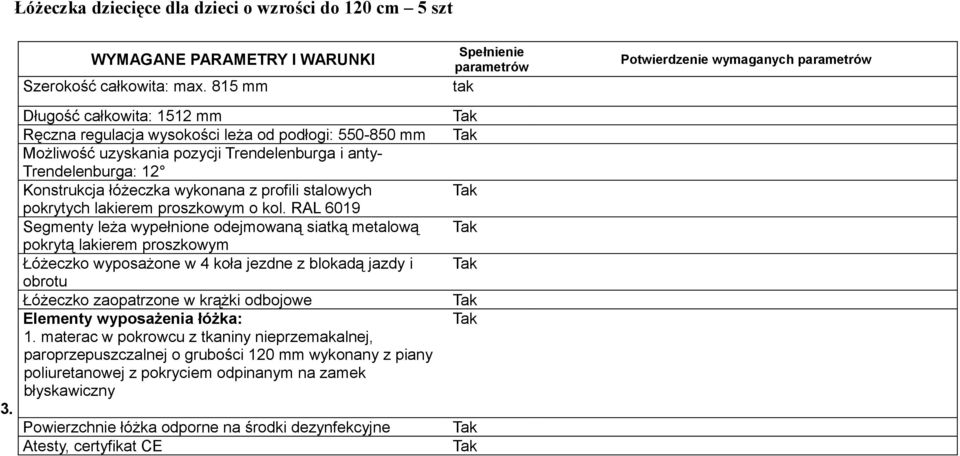 Długość całkowita: 1512 mm Ręczna regulacja wysokości leża od podłogi: 550-850