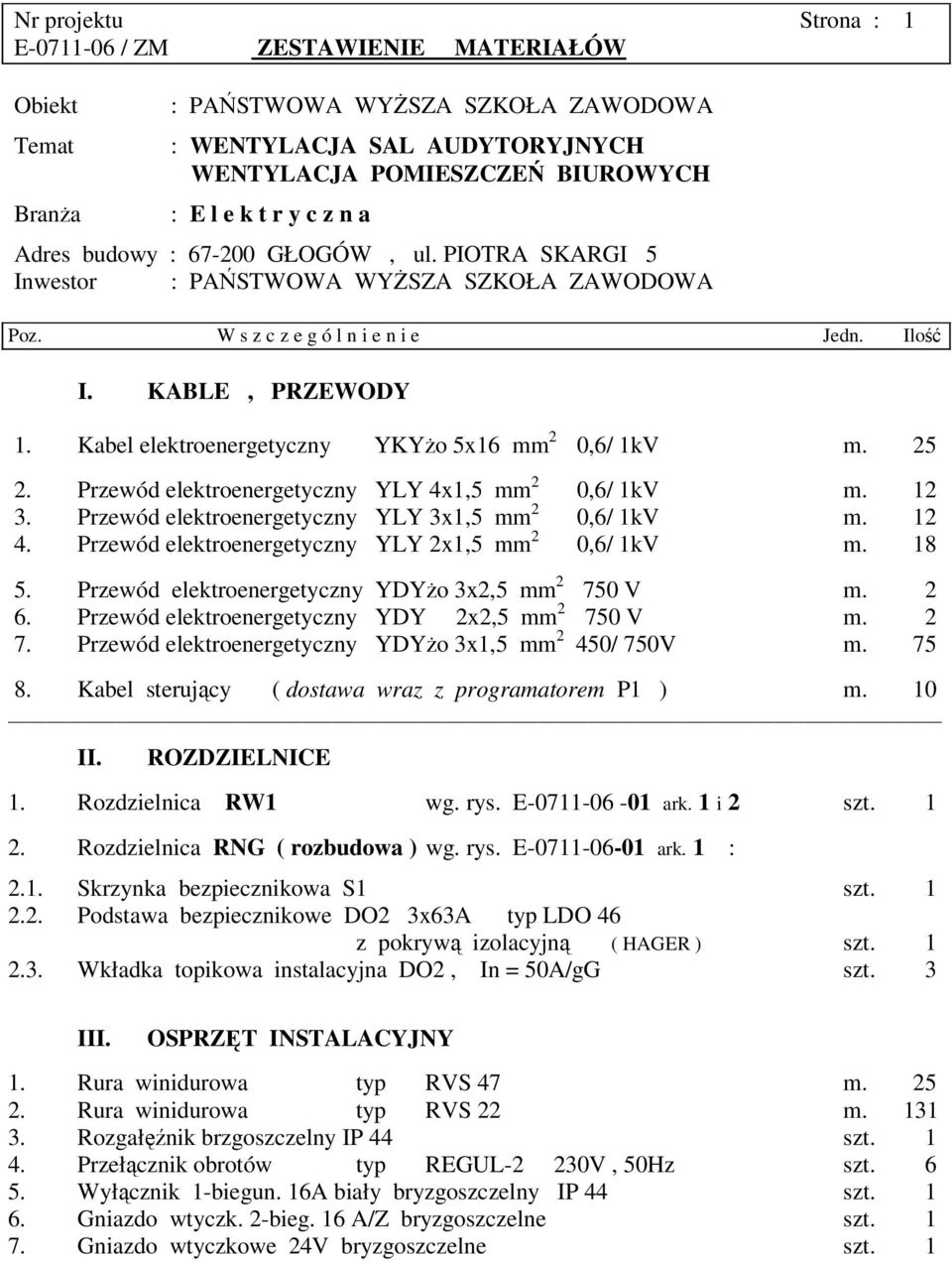 Kabel elektroenergetyczny YKYżo 5x16 mm 2 0,6/ 1kV m. 25 2. Przewód elektroenergetyczny YLY 4x1,5 mm 2 0,6/ 1kV m. 12 3. Przewód elektroenergetyczny YLY 3x1,5 mm 2 0,6/ 1kV m. 12 4.