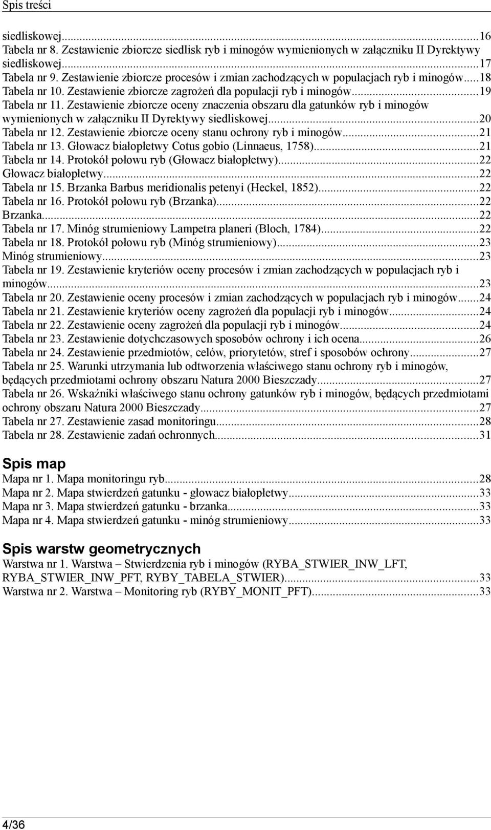 Zestawienie zbiorcze oceny znaczenia obszaru dla gatunków ryb i minogów wymienionych w załączniku II Dyrektywy siedliskowej...0 Tabela nr. Zestawienie zbiorcze oceny stanu ochrony ryb i minogów.