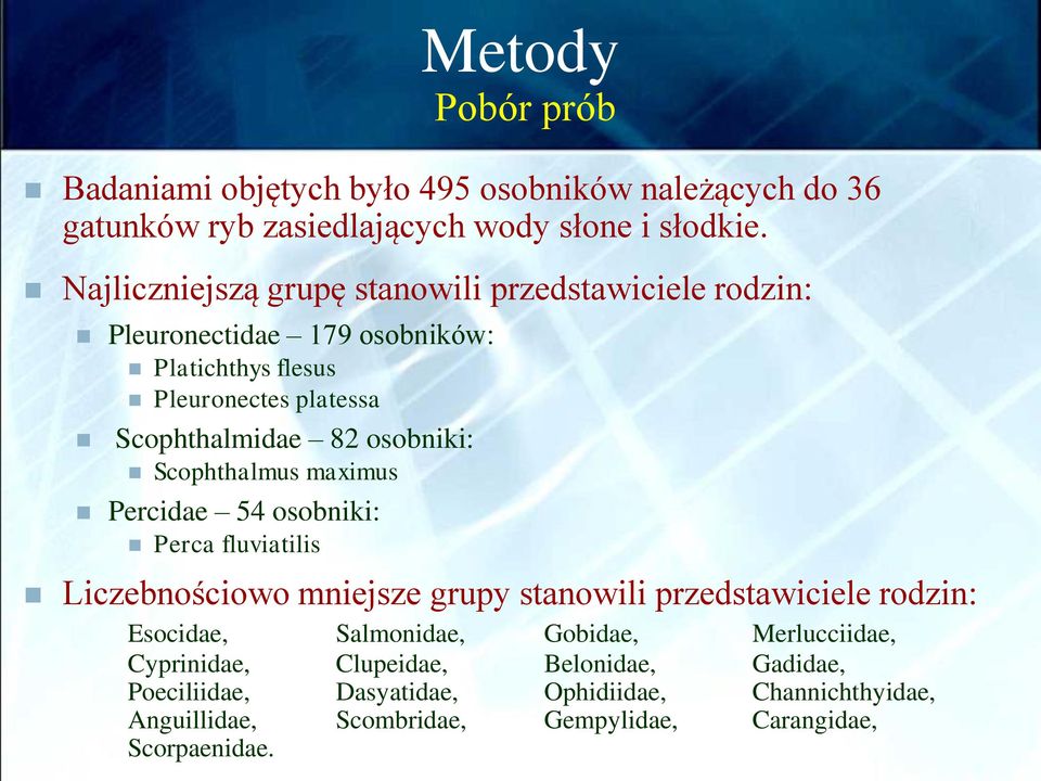 osobniki: Scophthalmus maximus Percidae 54 osobniki: Perca fluviatilis Liczebnościowo mniejsze grupy stanowili przedstawiciele rodzin: Esocidae,