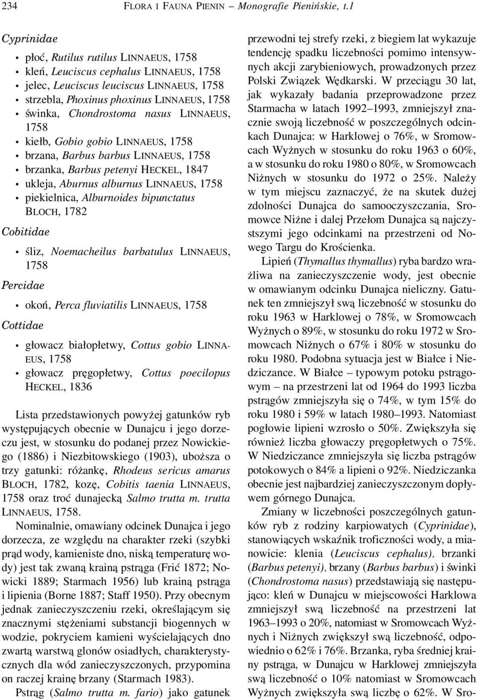 Gobio gobio LINNAEUS, brzana, Barbus barbus LINNAEUS, brzanka, Barbus petenyi HECKEL, 1847 ukleja, Aburnus alburnus LINNAEUS, piekielnica, Alburnoides bipunctatus BLOCH, 1782 Cobitidae śliz,