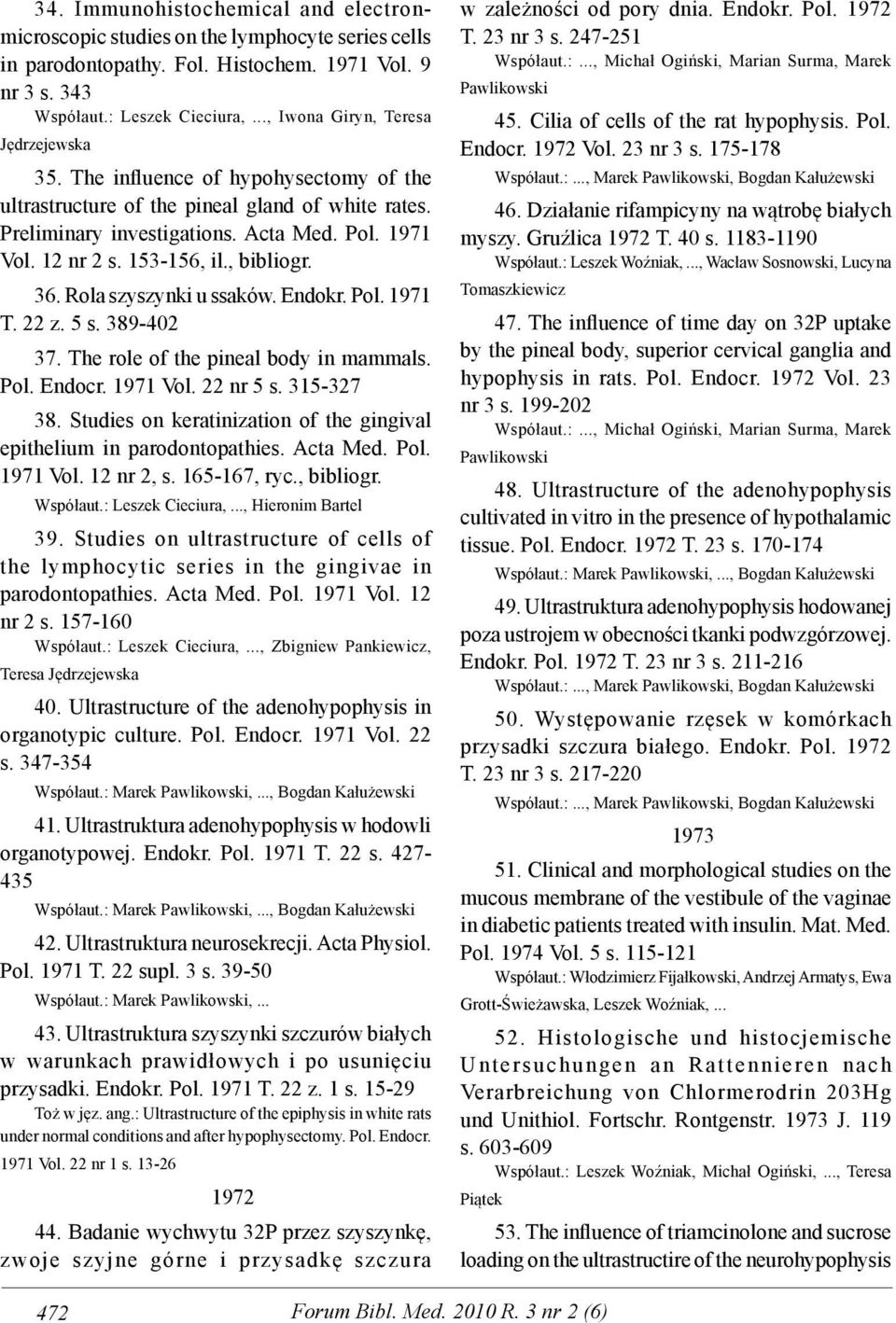 153-156, il., bibliogr. 36. Rola szyszynki u ssaków. Endokr. Pol. 1971 T. 22 z. 5 s. 389-402 37. The role of the pineal body in mammals. Pol. Endocr. 1971 Vol. 22 nr 5 s. 315-327 38.