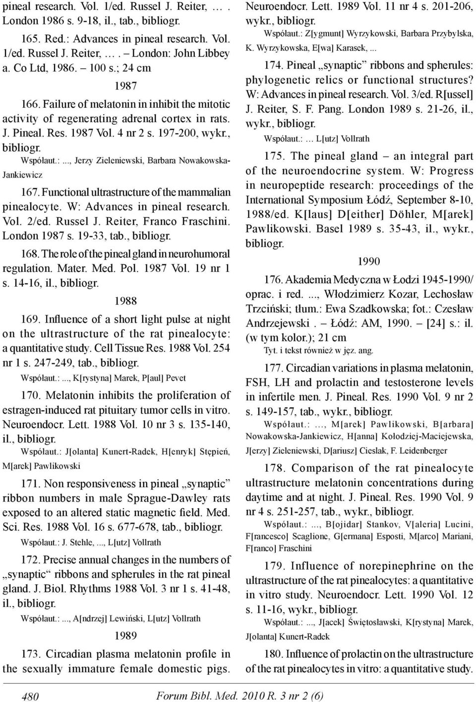 .., Jerzy Zieleniewski, Barbara Nowakowska- Jankiewicz 167. Functional ultrastructure of the mammalian pinealocyte. W: Advances in pineal research. Vol. 2/ed. Russel J. Reiter, Franco Fraschini.