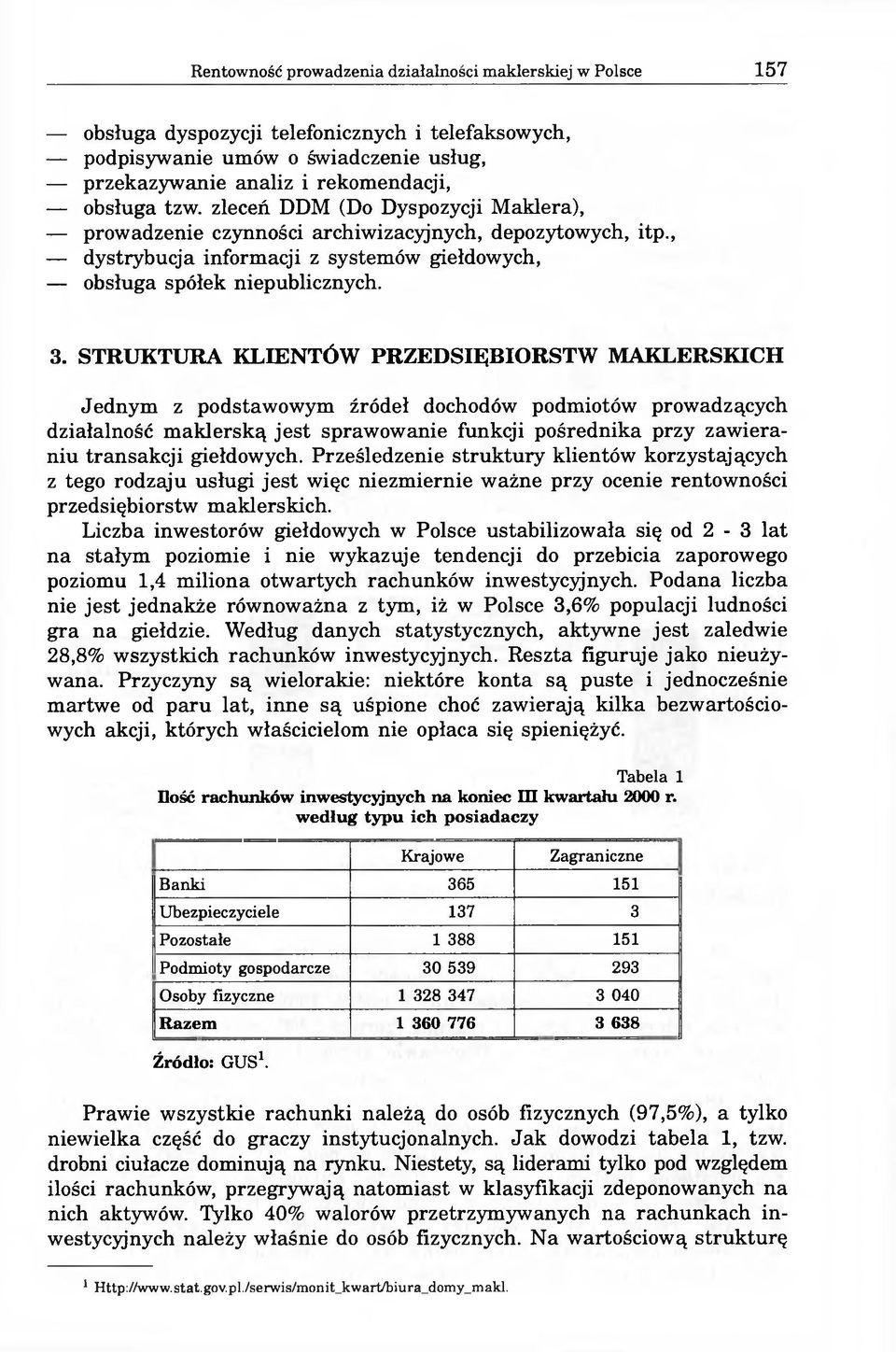 STRUKTURA KLIENTÓW PRZEDSIĘBIORSTW MAKLERSKICH Jednym z podstawowym źródeł dochodów podmiotów prowadzących działalność maklerską jest sprawowanie funkcji pośrednika przy zawieraniu transakcji