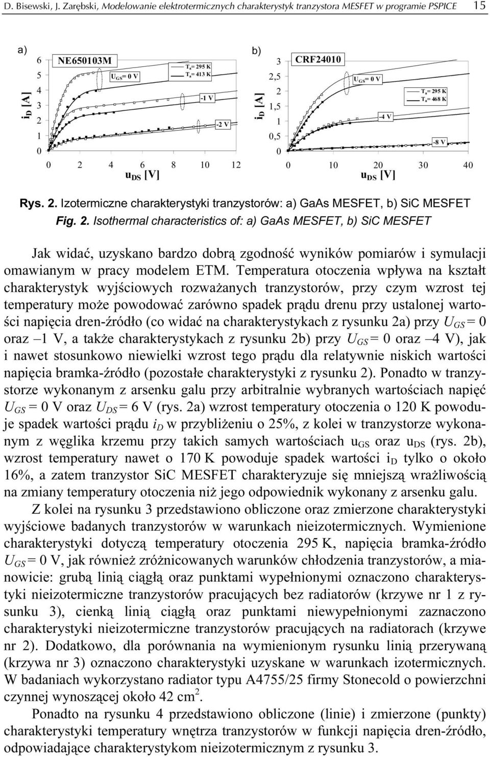 V -4 V T a= 95 K T a= 468 K -8 V 4 u DS [V] Rys.. Izotermiczne charakterystyki tranzystorów: a) GaAs MESFET, b) SiC MESFET Fig.