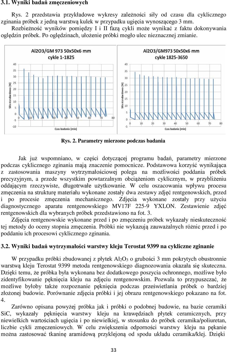 Parametry mierzone podczas badania Jak już wspomniano, w części dotyczącej programu badań, parametry mierzone podczas cyklicznego zginania mają znaczenie pomocnicze.