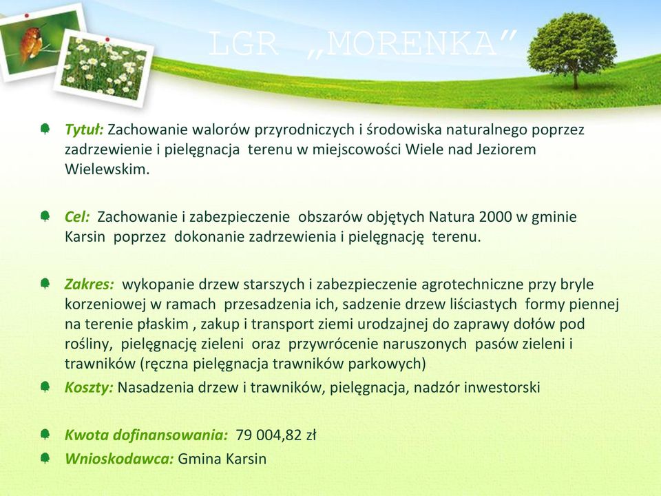 Zakres: wykopanie drzew starszych i zabezpieczenie agrotechniczne przy bryle korzeniowej w ramach przesadzenia ich, sadzenie drzew liściastych formy piennej na terenie płaskim, zakup i transport