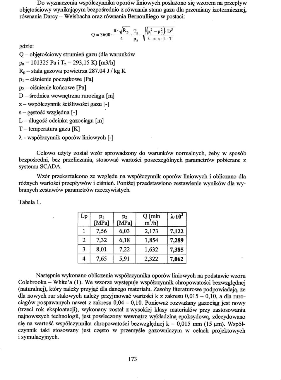 04 J / kg K pi ciśnienie początkowe [Pa] P2 - ciśnienie końcowe [Pa] D - średnica wewnętrzna rurociągu [m] z współczynnik ściśliwości gazu [-] s - gęstość względna [-] L długość odcinka gazociągu [m]