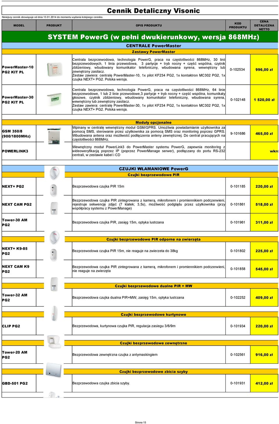 PG2 KIT PL Centrala bezprzewodowa, technologia PowerG, praca na częstotliwości 868MHz, 30 linii bezprzewodowych, 1 linia przewodowa, 3 partycje + tryb nocny + część wspólna, czytnik zbliżeniowy,