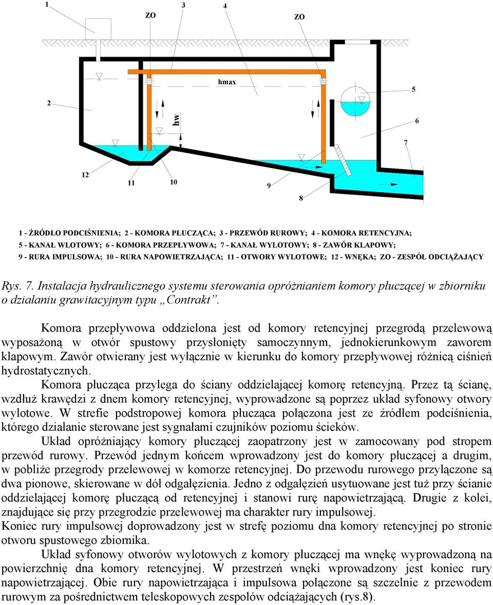 Instalacja hydraulicznego systemu sterowania opróżnianiem komory płuczącej w zbiorniku o działaniu grawitacyjnym typu Contrakt.