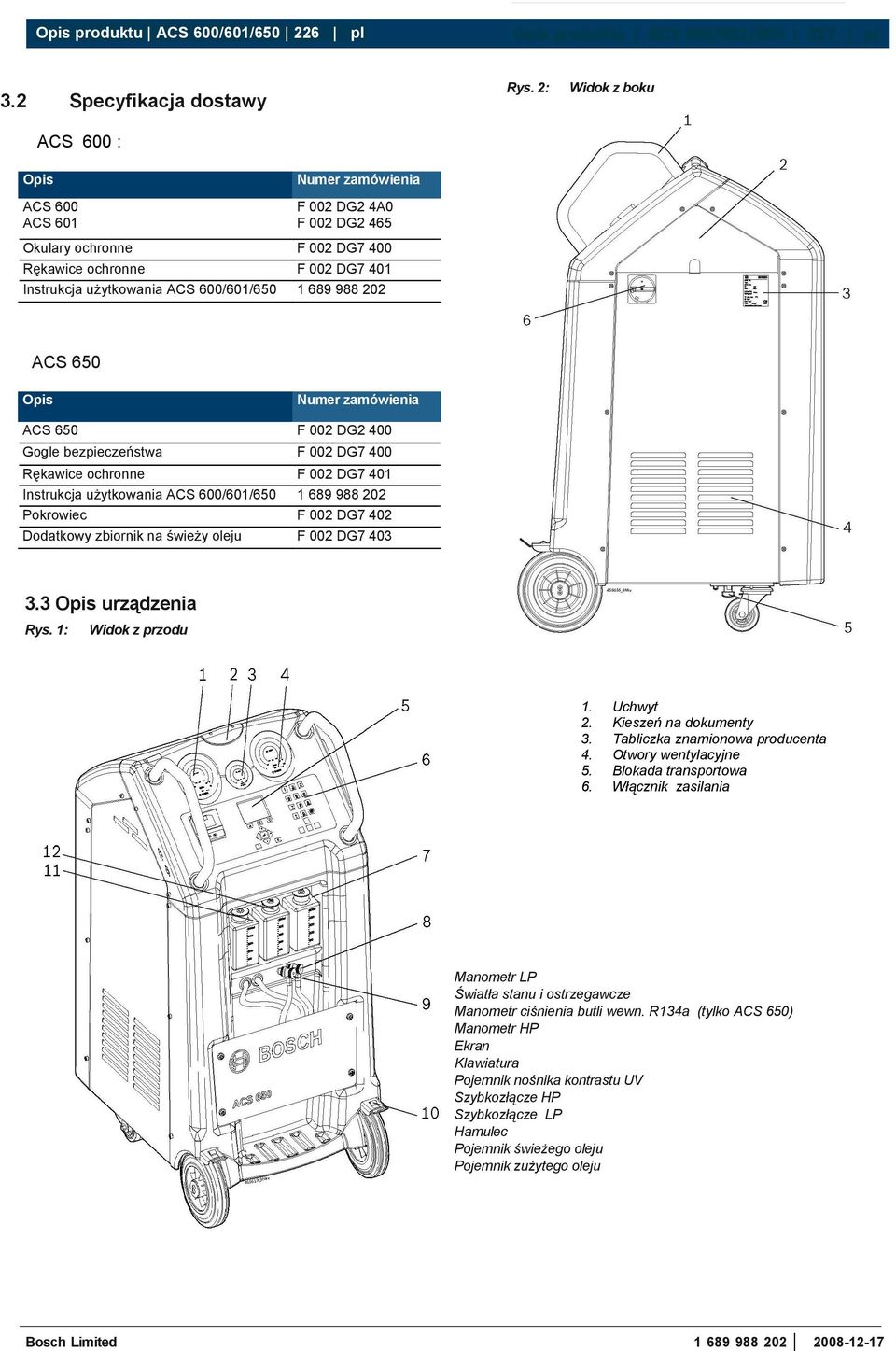 ACS 650 Opis Numer zamówienia ACS 650 F 002 DG2 400 Gogle bezpieczeństwa F 002 DG7 400 Rękawice ochronne F 002 DG7 401 Instrukcja użytkowania ACS 600/601/650 1 689 988 202 Pokrowiec F 002 DG7 402