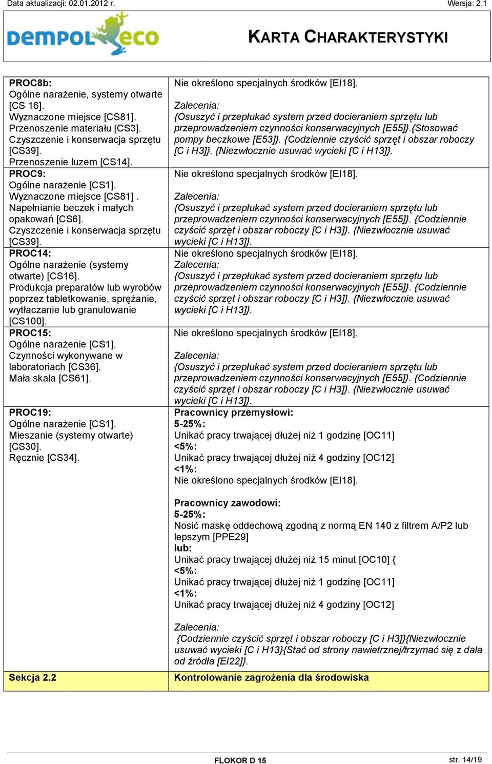 Czynności wykonywane w laboratoriach [CS36]. Mała skala [CS61]. PROC19: Ogólne narażenie [CS1]. Mieszanie (systemy otwarte) [CS30]. Ręcznie [CS34]. przeprowadzeniem czynności konserwacyjnych [E55]}.