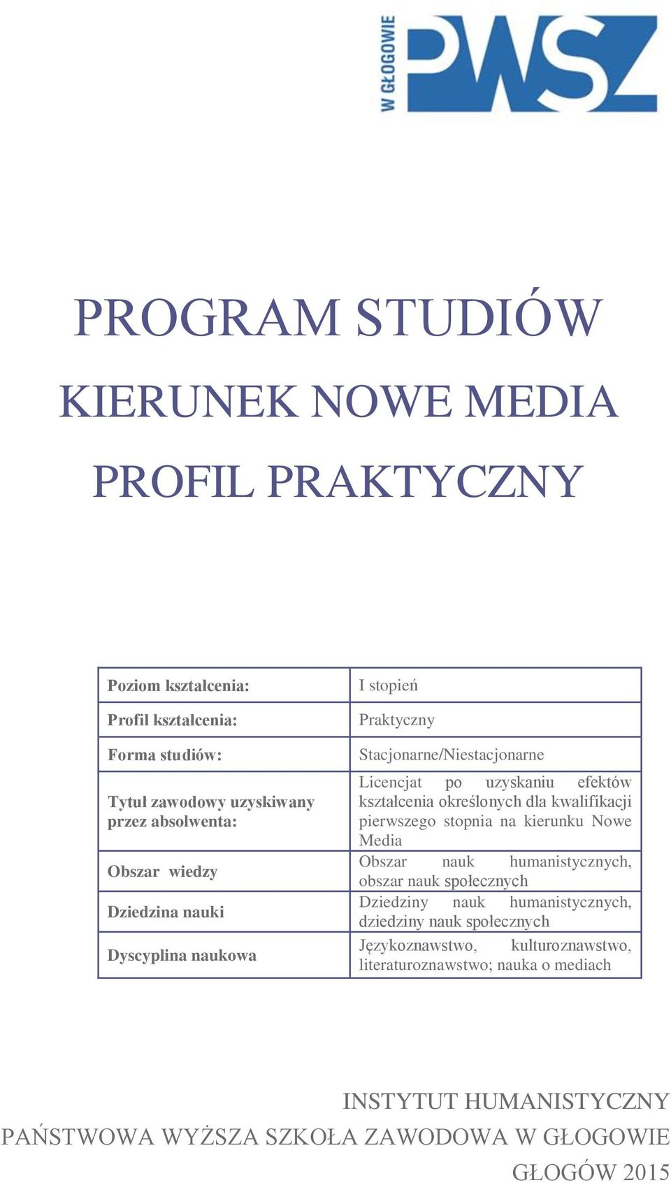 kwalifikacji pierwszego stopnia na kierunku Nowe Media Obszar nauk humanistycznych, obszar nauk społecznych Dziedziny nauk humanistycznych, dziedziny nauk