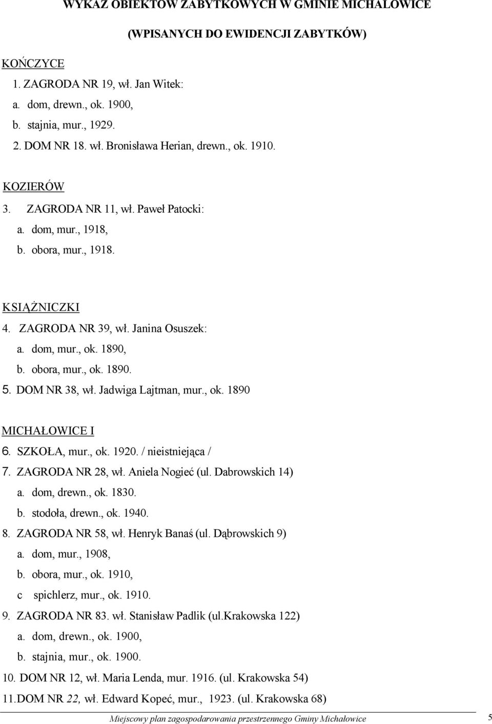 DOM NR 38, wł. Jadwiga Lajtman, mur., ok. 1890 MICHAŁOWICE I 6. SZKOŁA, mur., ok. 1920. / nieistniejąca / 7. ZAGRODA NR 28, wł. Aniela Nogieć (ul. Dabrowskich 14) a. dom, drewn., ok. 1830. b.