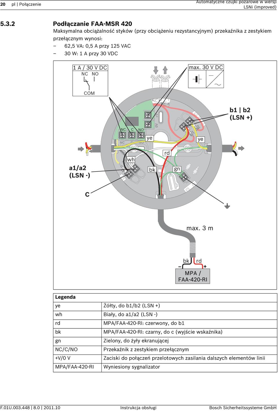 DC NC NO max. 30 V DC COM b1 b2 (LSN +) NC C NO ye ye a1/a2 (LSN -) c wh bk rd gn C max.